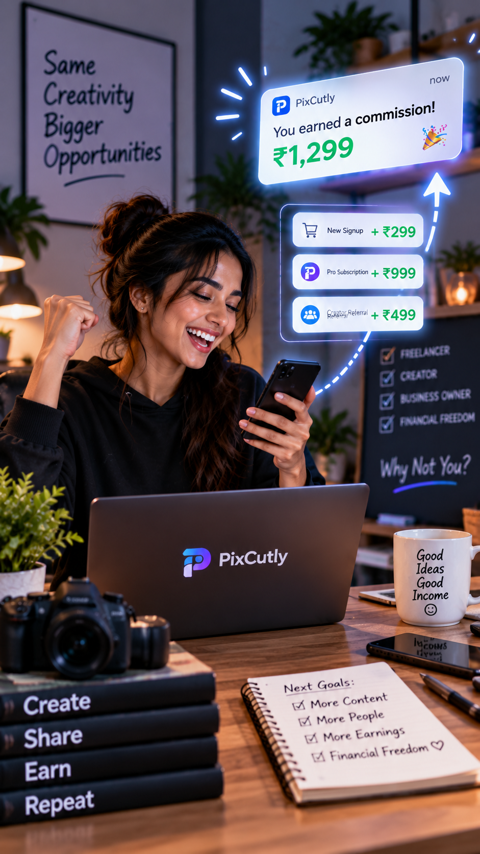 A PixCutly affiliate checking activity on a phone beside a laptop