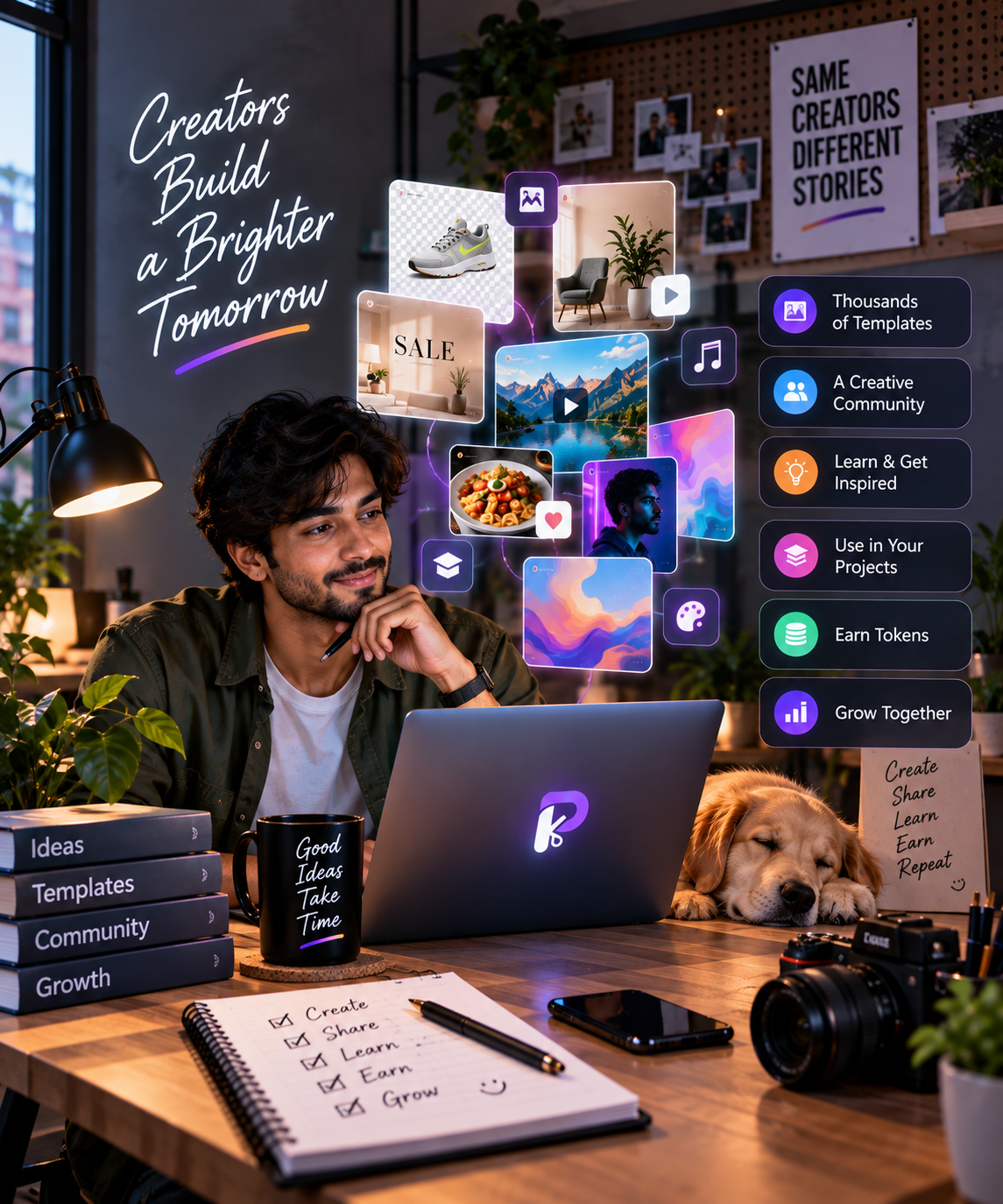 A creator thinking through new templates with PixCutly open nearby
